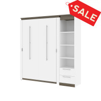 Bestar 116891-000017 Orion Full Murphy Bed and Narrow Shelving Unit with Drawers (79W) in white & walnut grey