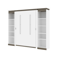 Bestar 116894-000017 Orion 98W Full Murphy Bed with 2 Narrow Shelving Units (99W) in white & walnut grey