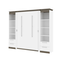 Bestar 116895-000017 Orion 98W Full Murphy Bed and 2 Narrow Shelving Units with Drawers (99W) in white & walnut grey