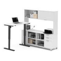 Bestar 120858-17 Pro-Linea L-Desk with Hutch Including Electric Height Adjustable Table in White