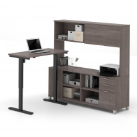 Bestar 120858-47 Pro-Linea L-Desk with Hutch Including Electric Height Adjustable Table in Bark Gray