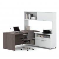 Bestar 120882-47 Pro-Linea L-Desk with Hutch in White & Bark Grey