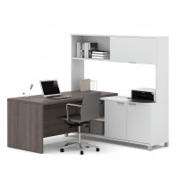 Bestar 120884-47 Pro-Linea L-Desk with Hutch in White & Bark Grey