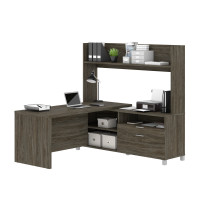 Bestar 120886-000035 Pro-Linea 72W L-Shaped Desk with Hutch in walnut grey