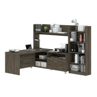 Bestar 120896-000035 Pro-Linea 2-Piece set including an L-shaped desk with hutch and a bookcase in walnut grey