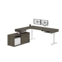 Bestar 130851-000035 Pro-Vega Height Adjustable L-Desk with Dual Monitor Arm in Walnut Grey & White