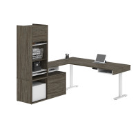 Bestar 130852-000035 Pro-Vega Height Adjustable L-Desk with Storage Tower in Walnut Grey & White