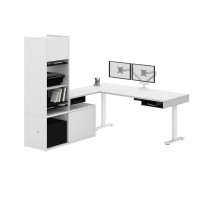 Bestar 130853-000017 Pro-Vega Height Adjustable L-Desk with Storage Tower & Dual Monitor Arm in White and Black