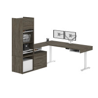 Bestar 130853-000035 Pro-Vega Height Adjustable L-Desk with Storage Tower & Dual Monitor Arm in Walnut Grey & White
