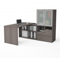 Bestar 160851-47 i3 Plus L-Desk with Frosted Glass Door Hutch in Bark Gray