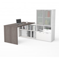 Bestar 160851-4717 i3 Plus L-Desk with Frosted Glass Door Hutch in Bark Gray & White