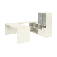 Bestar 160861-000031 i3 Plus 72W U-Shaped Executive Desk with Frosted Glass Doors Hutch in white chocolate