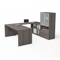 Bestar 160861-47 i3 Plus U-Desk with Frosted Glass Door Hutch in Bark Gray