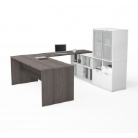 Bestar 160861-4717 i3 Plus U-Desk with Frosted Glass Door Hutch in Bark Gray & White