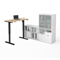 Bestar 160886-3817 i3 Plus Height Adjustable L-Desk with Frosted Glass Door Hutch in Northern Maple & White