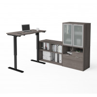 Bestar 160886-47 i3 Plus Height Adjustable L-Desk with Frosted Glass Door Hutch in Bark Gray