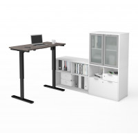 Bestar 160886-4717 i3 Plus Height Adjustable L-Desk with Frosted Glass Door Hutch in Bark Gray & White