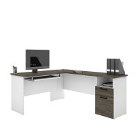 Bestar 181420-000035 Norma 71W L-Shaped Desk in walnut grey & white