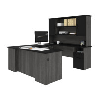 Bestar 181852-000018 Norma 71W U or L-Shaped Executive Desk with Hutch in black & bark gray