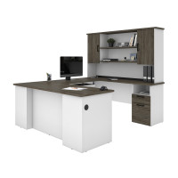 Bestar 181852-000035 Norma 71W U or L-Shaped Executive Desk with Hutch in walnut grey & white