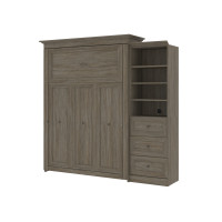 Bestar 42879-000035 Versatile 93W Queen Murphy Bed and Shelving Unit with 3 Drawers in walnut grey