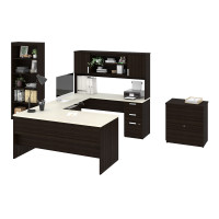 Bestar 52850-31 Ridgeley U-Shaped Desk with lateral file and Bookcase in Dark Chocolate & White Chocolate