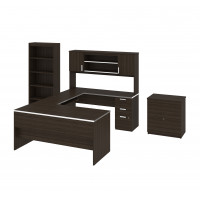 Bestar 52850-79 Ridgeley U-Shaped Desk with lateral file and Bookcase in Dark Chocolate