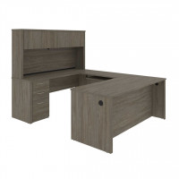 Bestar 60897-000035 Embassy 72W U-Shaped Executive Desk with Pedestal and Hutch in walnut grey