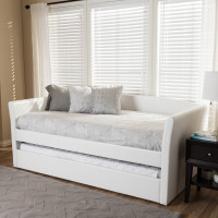 Baxton Studio CF8756-White-Day Bed Camino Modern and Contemporary White Faux Leather Upholstered Daybed with Guest Trundle Bed