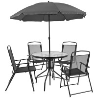 Flash Furniture GM-202012-BK-GG Nantucket 6 Piece Black Patio Garden Set with Table, Umbrella and 4 Folding Chairs 