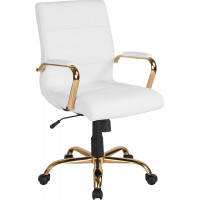 Flash Furniture GO-2286M-WH-GLD-GG Mid-Back White Leather Executive Swivel Chair with Gold Frame and Arms 