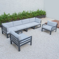 LeisureMod CSARBL-6LGR Chelsea 6-Piece Patio Armchair Sectional Black Aluminum With Cushions