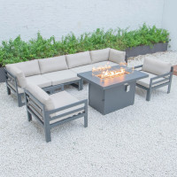 LeisureMod CSFARBL-7BG Chelsea 7-Piece Patio Sectional And Fire Pit Table Black Aluminum With Cushions