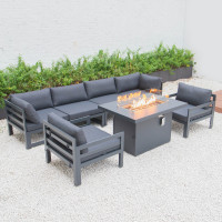 LeisureMod CSFARBL-7BL Chelsea 7-Piece Patio Sectional And Fire Pit Table Black Aluminum With Cushions