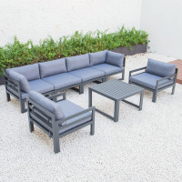 LeisureMod CSFARBL-7BU Chelsea 7-Piece Patio Sectional And Fire Pit Table Black Aluminum With Cushions