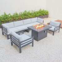 LeisureMod CSFARBL-7LGR Chelsea 7-Piece Patio Sectional And Fire Pit Table Black Aluminum With Cushions