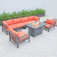 LeisureMod CSFARBL-7OR Chelsea 7-Piece Patio Sectional And Fire Pit Table Black Aluminum With Cushions