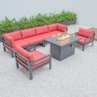 LeisureMod CSFARBL-7R Chelsea 7-Piece Patio Sectional And Fire Pit Table Black Aluminum With Cushions