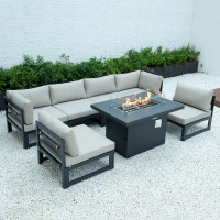 LeisureMod CSFBL-7BG Chelsea 7-Piece Patio Sectional And Fire Pit Table Black Aluminum With Cushions
