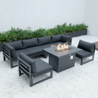 LeisureMod CSFBL-7BL Chelsea 7-Piece Patio Sectional And Fire Pit Table Black Aluminum With Cushions