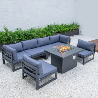 LeisureMod CSFBL-7BU Chelsea 7-Piece Patio Sectional And Fire Pit Table Black Aluminum With Cushions