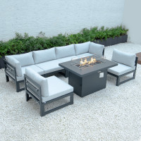 LeisureMod CSFBL-7LGR Chelsea 7-Piece Patio Sectional And Fire Pit Table Black Aluminum With Cushions