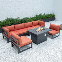 LeisureMod CSFBL-7OR Chelsea 7-Piece Patio Sectional And Fire Pit Table Black Aluminum With Cushions