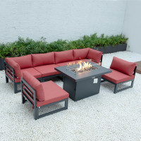 LeisureMod CSFBL-7R Chelsea 7-Piece Patio Sectional And Fire Pit Table Black Aluminum With Cushions