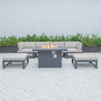 LeisureMod CSFOBL-7BG Chelsea 7-Piece Patio Ottoman Sectional And Fire Pit Table Black Aluminum With Cushions