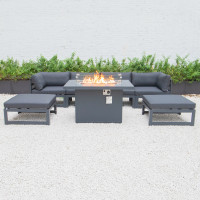 LeisureMod CSFOBL-7BL Chelsea 7-Piece Patio Ottoman Sectional And Fire Pit Table Black Aluminum With Cushions