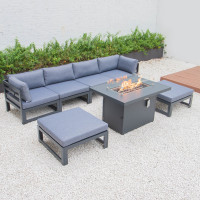 LeisureMod CSFOBL-7BU Chelsea 7-Piece Patio Ottoman Sectional And Fire Pit Table Black Aluminum With Cushions