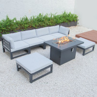 LeisureMod CSFOBL-7LGR Chelsea 7-Piece Patio Ottoman Sectional And Fire Pit Table Black Aluminum With Cushions