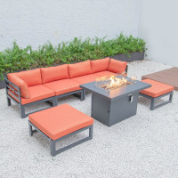 LeisureMod CSFOBL-7OR Chelsea 7-Piece Patio Ottoman Sectional And Fire Pit Table Black Aluminum With Cushions