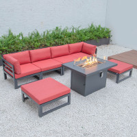 LeisureMod CSFOBL-7R Chelsea 7-Piece Patio Ottoman Sectional And Fire Pit Table Black Aluminum With Cushions